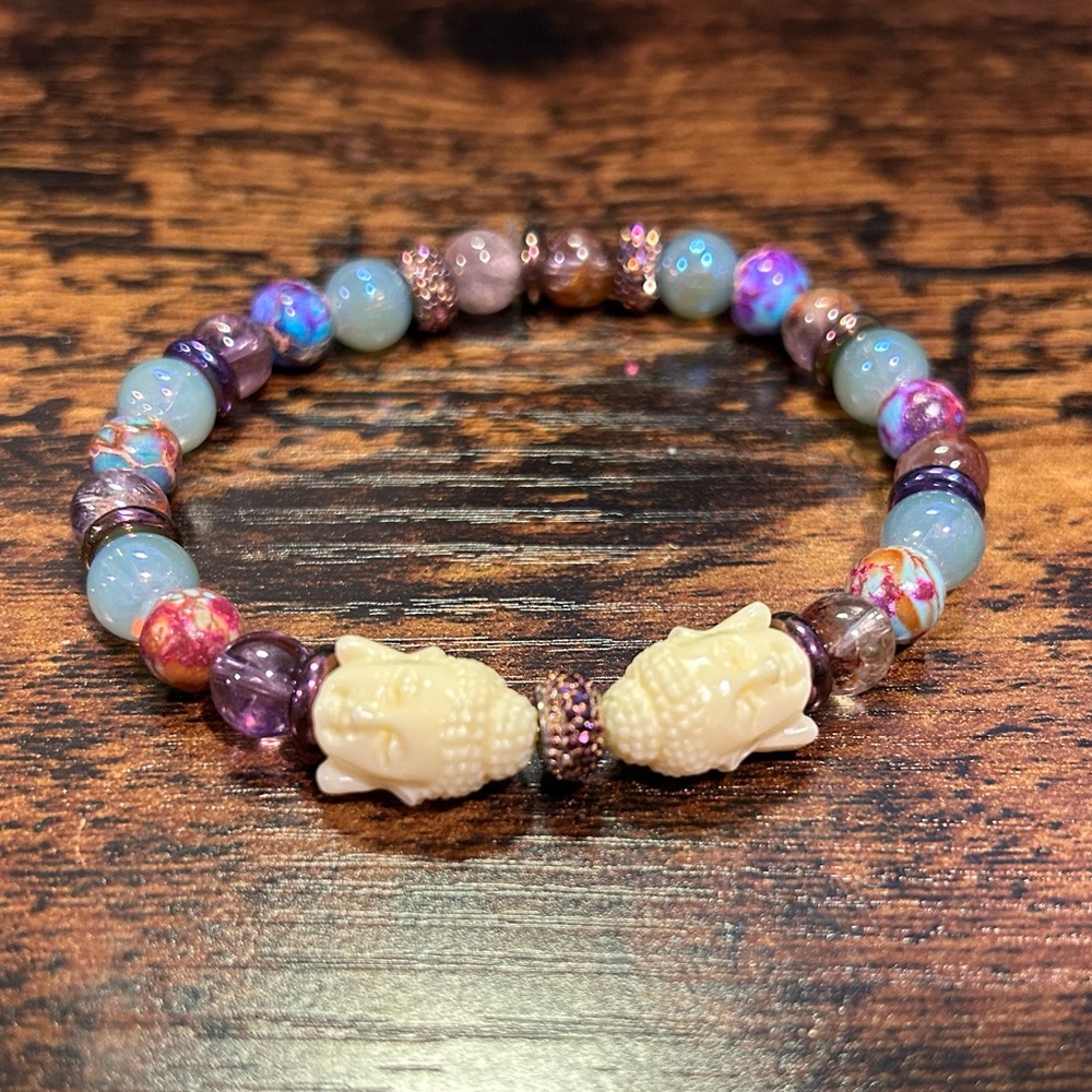 Reiki-Blessed Crystal Bracelet: Galaxy Imperial Jasper, Auralite 23, Blue Glass